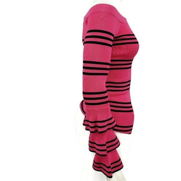 New Scripted Top Womens XS Pink Black Stripe Off  Shoulder Sweater Bell Sleeve - Picture 2 of 5